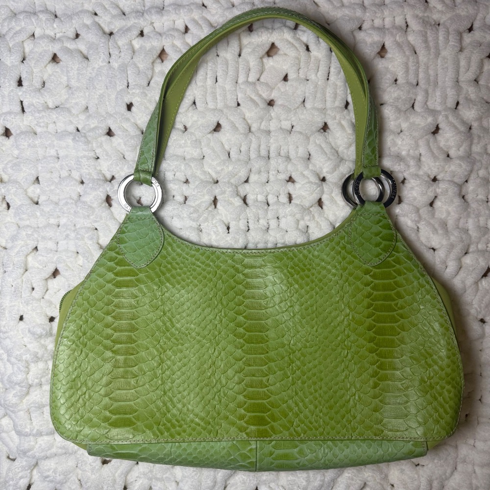 Franco Sarto Lime Green Y2K Snakeskin Embossed Shoulder Bag Silver O-Ring Purse